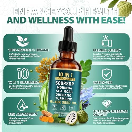 10-in-1 Soursop Bitters Liquid Drops | Natürliche grüne Formel | Schnelle Darmreinigung & Entgiftung, Verdauungsunterstützung mit Seemoos, Moringa, Schwarzkümmelöl, Kurkuma, Ashwagandha, Vitamin C & D | 60 ml | Non-GMO Vegan