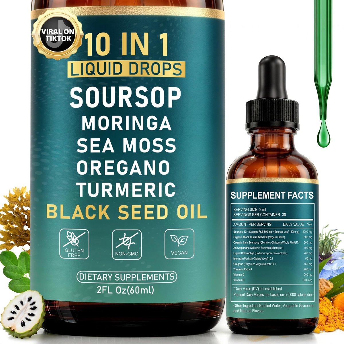 10-in-1 Soursop Bitters Liquid Drops | Natürliche grüne Formel | Schnelle Darmreinigung & Entgiftung, Verdauungsunterstützung mit Seemoos, Moringa, Schwarzkümmelöl, Kurkuma, Ashwagandha, Vitamin C & D | 60 ml | Non-GMO Vegan