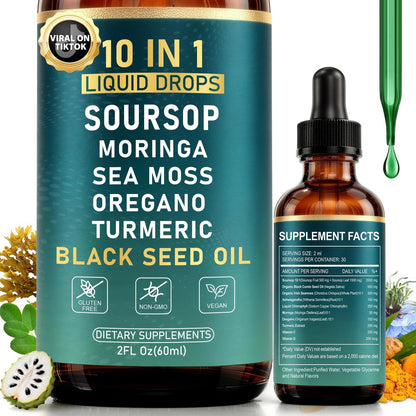 10-in-1 Soursop Bitters Liquid Drops | Natürliche grüne Formel | Schnelle Darmreinigung & Entgiftung, Verdauungsunterstützung mit Seemoos, Moringa, Schwarzkümmelöl, Kurkuma, Ashwagandha, Vitamin C & D | 60 ml | Non-GMO Vegan