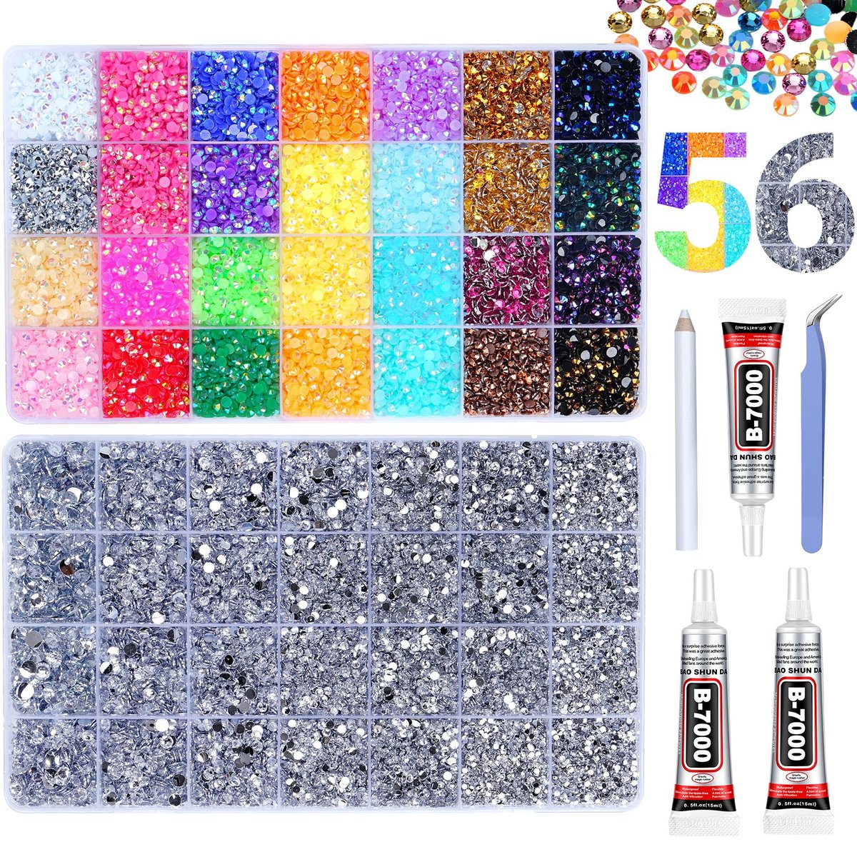 46000 Pcs Jelly Strasssteine zum Verzieren, 2 Boxen Multicolor 4mm & Silber Klar 2/3/4/5/6mm Harz Flachrückseite Edelsteine für Basteln, Bedazzler Kit mit 3x 15ml B7000 Schmuckkleber für Buch Kleidung Handwerk
