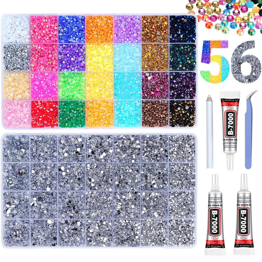 46000 Pcs Jelly Strasssteine zum Verzieren, 2 Boxen Multicolor 4mm & Silber Klar 2/3/4/5/6mm Harz Flachrückseite Edelsteine für Basteln, Bedazzler Kit mit 3x 15ml B7000 Schmuckkleber für Buch Kleidung Handwerk