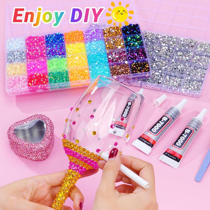 61000 Stücke Jelly Strasssteine zum Bedazzling, 2 Boxen Multicolor 3mm & Silber klar 2/3/4/5/6mm Harz Flachrücksteine für Basteln, Bedazzler Kit mit 3 Stück 15ml B7000 Schmuckkleber für Kunsthandwerk Kleidung Buch
