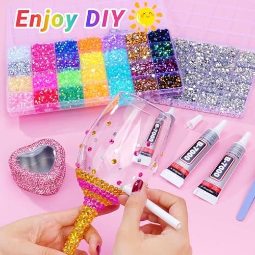 61000 Stücke Jelly Strasssteine zum Bedazzling, 2 Boxen Multicolor 3mm & Silber klar 2/3/4/5/6mm Harz Flachrücksteine für Basteln, Bedazzler Kit mit 3 Stück 15ml B7000 Schmuckkleber für Kunsthandwerk Kleidung Buch