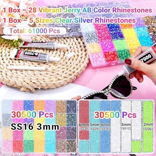 61000 Stücke Jelly Strasssteine zum Bedazzling, 2 Boxen Multicolor 3mm & Silber klar 2/3/4/5/6mm Harz Flachrücksteine für Basteln, Bedazzler Kit mit 3 Stück 15ml B7000 Schmuckkleber für Kunsthandwerk Kleidung Buch
