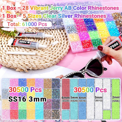 61000 Stücke Jelly Strasssteine zum Bedazzling, 2 Boxen Multicolor 3mm & Silber klar 2/3/4/5/6mm Harz Flachrücksteine für Basteln, Bedazzler Kit mit 3 Stück 15ml B7000 Schmuckkleber für Kunsthandwerk Kleidung Buch