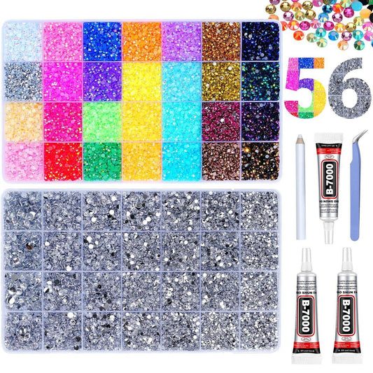 61000 Stücke Jelly Strasssteine zum Bedazzling, 2 Boxen Multicolor 3mm & Silber klar 2/3/4/5/6mm Harz Flachrücksteine für Basteln, Bedazzler Kit mit 3 Stück 15ml B7000 Schmuckkleber für Kunsthandwerk Kleidung Buch