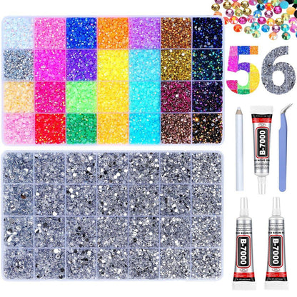 61000 Stücke Jelly Strasssteine zum Bedazzling, 2 Boxen Multicolor 3mm & Silber klar 2/3/4/5/6mm Harz Flachrücksteine für Basteln, Bedazzler Kit mit 3 Stück 15ml B7000 Schmuckkleber für Kunsthandwerk Kleidung Buch