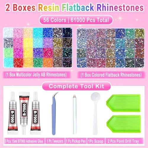 61000 Teile 56 Farben Jelly Strasssteine für Kleidung, 2 Boxen Harz Multicolor 3 mm Flachrücksteine für Basteln, Bedazzler Set mit 3 Stück 15 ml B7000 Schmuckkleber für Bücher, Schuhe, Nagelkunst