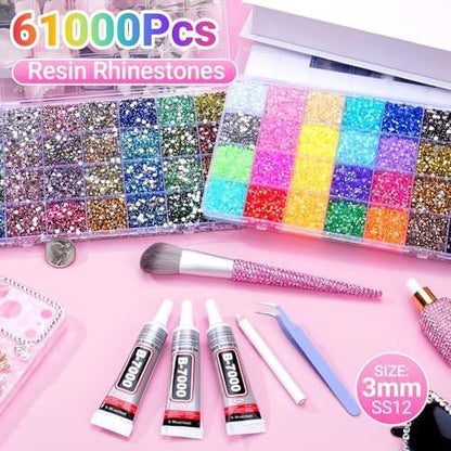 61000 Teile 56 Farben Jelly Strasssteine für Kleidung, 2 Boxen Harz Multicolor 3 mm Flachrücksteine für Basteln, Bedazzler Set mit 3 Stück 15 ml B7000 Schmuckkleber für Bücher, Schuhe, Nagelkunst