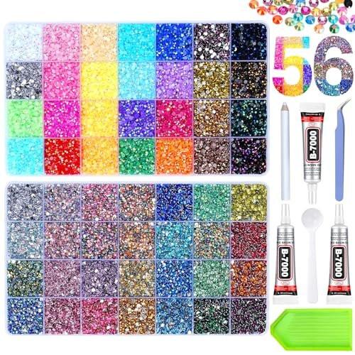 61000 Teile 56 Farben Jelly Strasssteine für Kleidung, 2 Boxen Harz Multicolor 3 mm Flachrücksteine für Basteln, Bedazzler Set mit 3 Stück 15 ml B7000 Schmuckkleber für Bücher, Schuhe, Nagelkunst