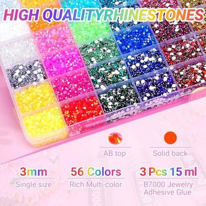 61000 Teile 56 Farben Jelly Strasssteine für Kleidung, 2 Boxen Harz Multicolor 3 mm Flachrücksteine für Basteln, Bedazzler Set mit 3 Stück 15 ml B7000 Schmuckkleber für Bücher, Schuhe, Nagelkunst