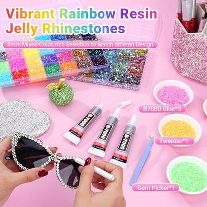 61000 Teile 56 Farben Jelly Strasssteine für Kleidung, 2 Boxen Harz Multicolor 3 mm Flachrücksteine für Basteln, Bedazzler Set mit 3 Stück 15 ml B7000 Schmuckkleber für Bücher, Schuhe, Nagelkunst