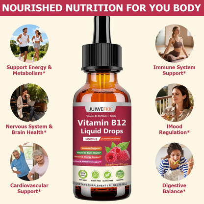 Flüssige Vitamin B12 Tropfen 5000 mcg - Hochdosiertes B12 Methylcobalamin mit B1, B6, B3, Folsäure, Niacin - Schnell absorbierbare Sublingual B-12 Tropfen für Energiestoffwechsel & Gehirnfunktion, Veganer B-Komplex