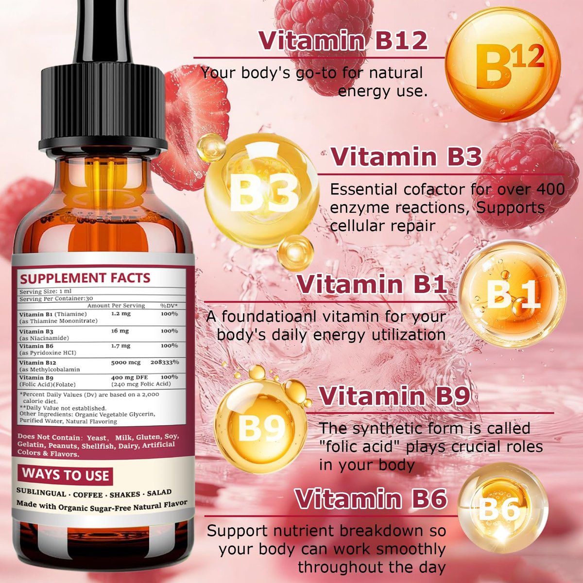 Flüssige Vitamin B12 Tropfen 5000 mcg - Hochdosiertes B12 Methylcobalamin mit B1, B6, B3, Folsäure, Niacin - Schnell absorbierbare Sublingual B-12 Tropfen für Energiestoffwechsel & Gehirnfunktion, Veganer B-Komplex