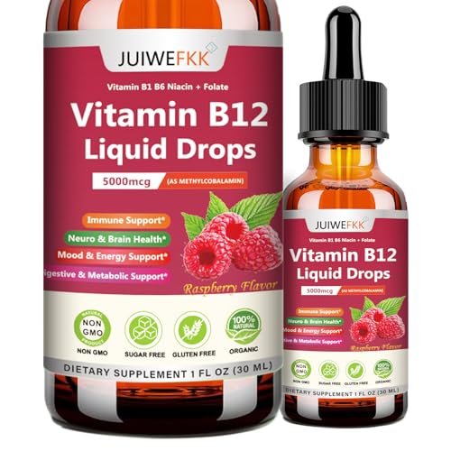 Flüssige Vitamin B12 Tropfen 5000 mcg - Hochdosiertes B12 Methylcobalamin mit B1, B6, B3, Folsäure, Niacin - Schnell absorbierbare Sublingual B-12 Tropfen für Energiestoffwechsel & Gehirnfunktion, Veganer B-Komplex