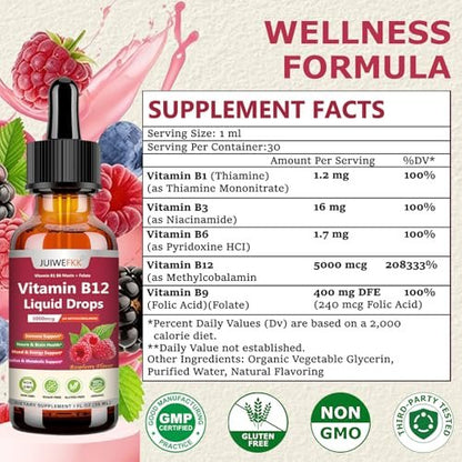 Flüssige Vitamin B12 Tropfen 5000 mcg - Hochdosiertes B12 Methylcobalamin mit B1, B6, B3, Folsäure, Niacin - Schnell absorbierbare Sublingual B-12 Tropfen für Energiestoffwechsel & Gehirnfunktion, Veganer B-Komplex
