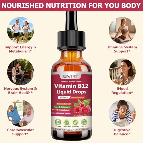 Flüssige Vitamin B12 Tropfen 5000 mcg - Hochdosiertes B12 Methylcobalamin mit B1, B6, B3, Folsäure, Niacin - Schnell absorbierbare Sublingual B-12 Tropfen für Energiestoffwechsel & Gehirnfunktion, Veganer B-Komplex