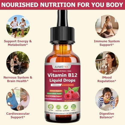 Flüssige Vitamin B12 Tropfen 5000 mcg - Hochdosiertes B12 Methylcobalamin mit B1, B6, B3, Folsäure, Niacin - Schnell absorbierbare Sublingual B-12 Tropfen für Energiestoffwechsel & Gehirnfunktion, Veganer B-Komplex