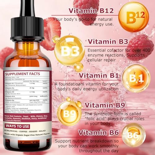 Flüssige Vitamin B12 Tropfen 5000 mcg - Hochdosiertes B12 Methylcobalamin mit B1, B6, B3, Folsäure, Niacin - Schnell absorbierbare Sublingual B-12 Tropfen für Energiestoffwechsel & Gehirnfunktion, Veganer B-Komplex