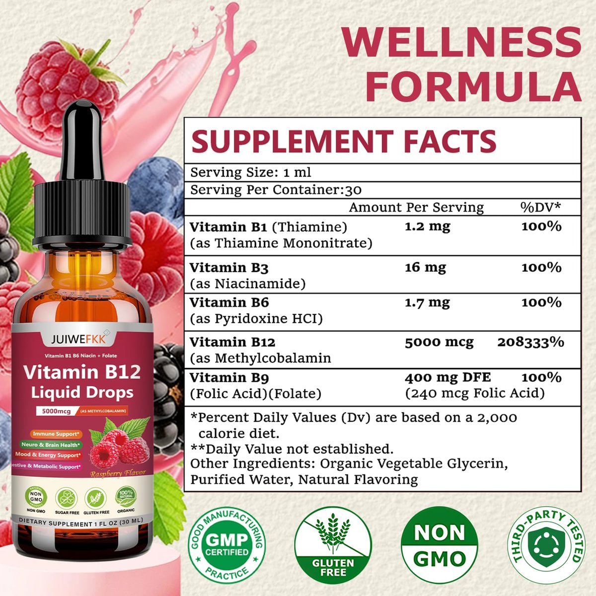 Flüssige Vitamin B12 Tropfen 5000 mcg - Hochdosiertes B12 Methylcobalamin mit B1, B6, B3, Folsäure, Niacin - Schnell absorbierbare Sublingual B-12 Tropfen für Energiestoffwechsel & Gehirnfunktion, Veganer B-Komplex