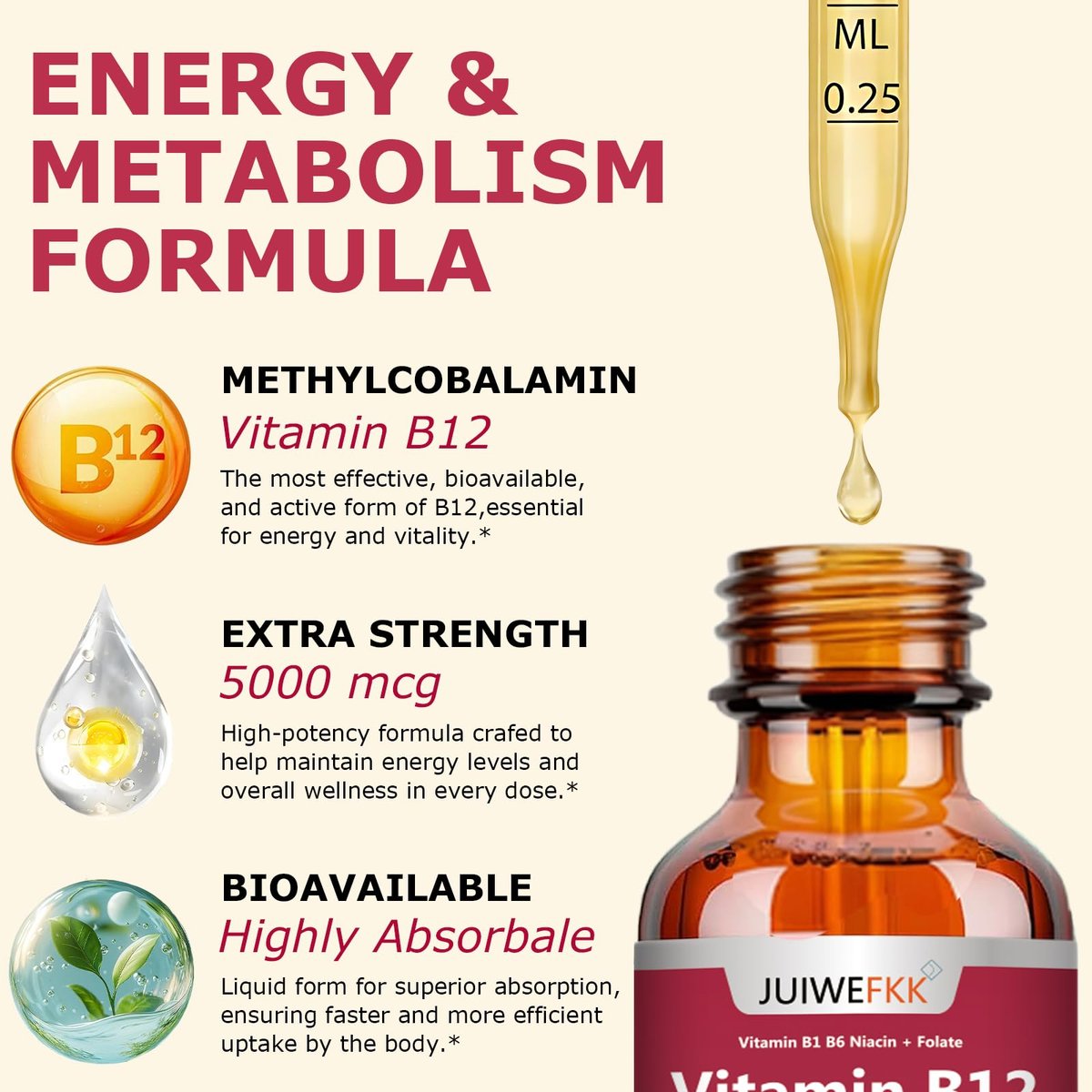 Flüssige Vitamin B12 Tropfen 5000 mcg - Hochdosiertes B12 Methylcobalamin mit B1, B6, B3, Folsäure, Niacin - Schnell absorbierbare Sublingual B-12 Tropfen für Energiestoffwechsel & Gehirnfunktion, Veganer B-Komplex