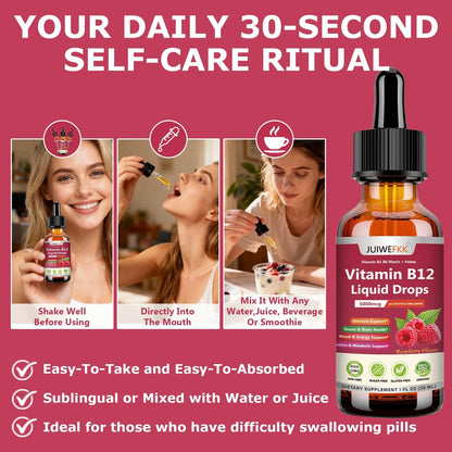 Flüssige Vitamin B12 Tropfen 5000 mcg - Hochdosiertes B12 Methylcobalamin mit B1, B6, B3, Folsäure, Niacin - Schnell absorbierbare Sublingual B-12 Tropfen für Energiestoffwechsel & Gehirnfunktion, Veganer B-Komplex