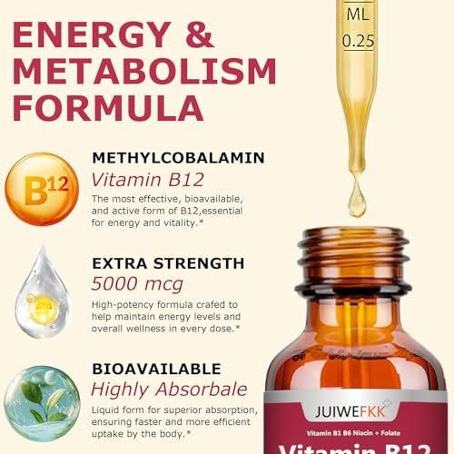 Flüssige Vitamin B12 Tropfen 5000 mcg - Hochdosiertes B12 Methylcobalamin mit B1, B6, B3, Folsäure, Niacin - Schnell absorbierbare Sublingual B-12 Tropfen für Energiestoffwechsel & Gehirnfunktion, Veganer B-Komplex