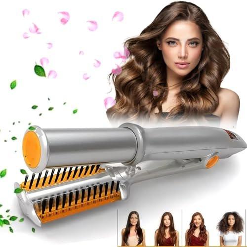 2-in-1 Haarglätter und Lockenstab mit automatischer Abschaltung, 3 Stufen, rotierender Walze – Silber