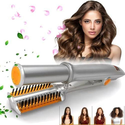 2-in-1 Haarglätter und Lockenstab mit automatischer Abschaltung, 3 Stufen, rotierender Walze – Silber