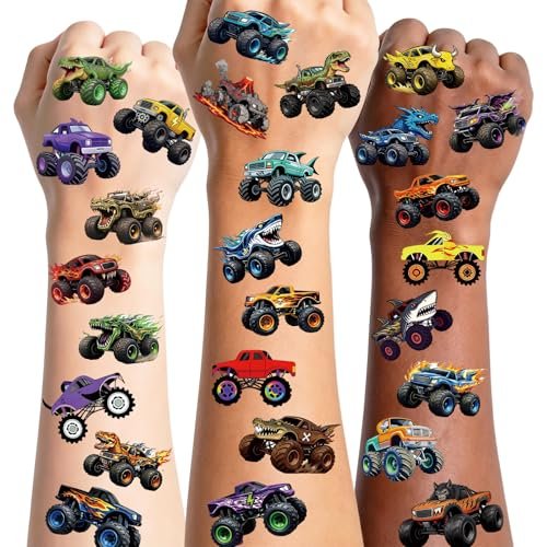 96 Monster Truck Tattoos zum Aufkleben, vorgeschnittene Rennwagen-Tattoo-Sticker, Monster-Truck-Partydeko, lustige Körperkunst für Events, Geschenktüten & Partyzubehör