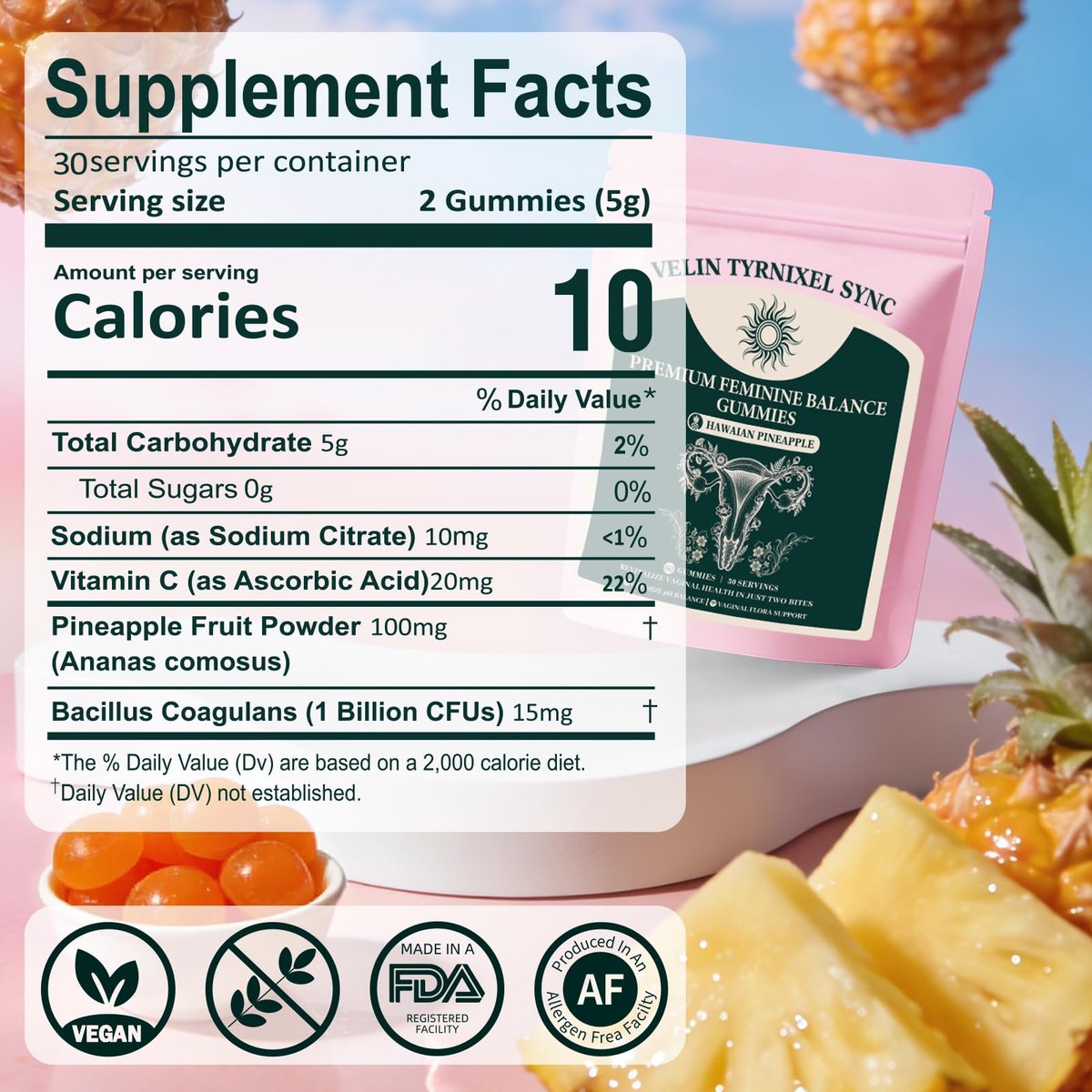 Probiotische Gummibärchen für Frauen – Vitaler Präbiotika-Quelle für feminine Gesundheit, pH-Balance & Geruchskontrolle – Vegane tägliche Verdauungs- & Immununterstützung, Ananasgeschmack, Zuckerfrei, 60 Stück