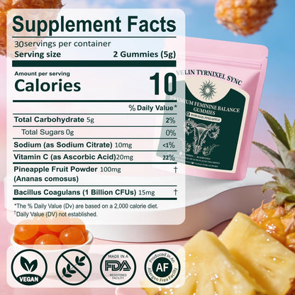 Probiotische Gummibärchen für Frauen – Vitaler Präbiotika-Quelle für feminine Gesundheit, pH-Balance & Geruchskontrolle – Vegane tägliche Verdauungs- & Immununterstützung, Ananasgeschmack, Zuckerfrei, 60 Stück