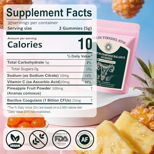 Probiotische Gummibärchen für Frauen – Vitaler Präbiotika-Quelle für feminine Gesundheit, pH-Balance & Geruchskontrolle – Vegane tägliche Verdauungs- & Immununterstützung, Ananasgeschmack, Zuckerfrei, 60 Stück