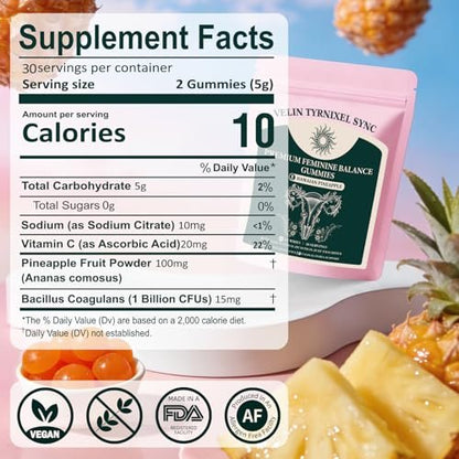 Probiotische Gummibärchen für Frauen – Vitaler Präbiotika-Quelle für feminine Gesundheit, pH-Balance & Geruchskontrolle – Vegane tägliche Verdauungs- & Immununterstützung, Ananasgeschmack, Zuckerfrei, 60 Stück