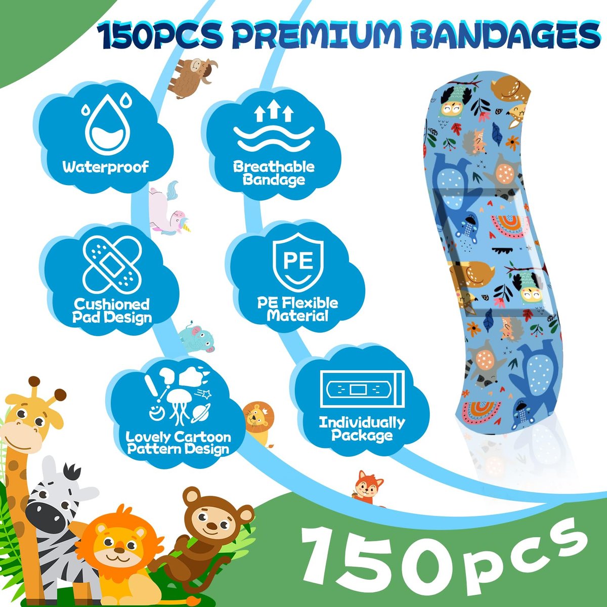 150er-Pack Kinderpflaster, Leuchtende wasserdichte Pflaster, Einheitsgröße, 5 Designs, für kleine Schnitte, Schrammen und Erste Hilfe