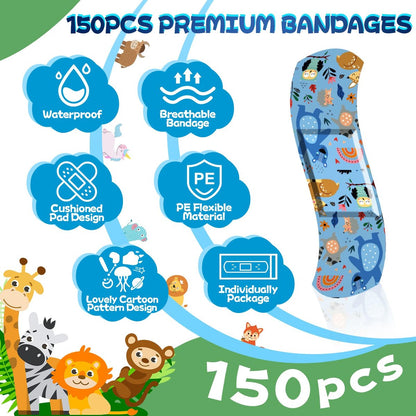 150er-Pack Kinderpflaster, Leuchtende wasserdichte Pflaster, Einheitsgröße, 5 Designs, für kleine Schnitte, Schrammen und Erste Hilfe