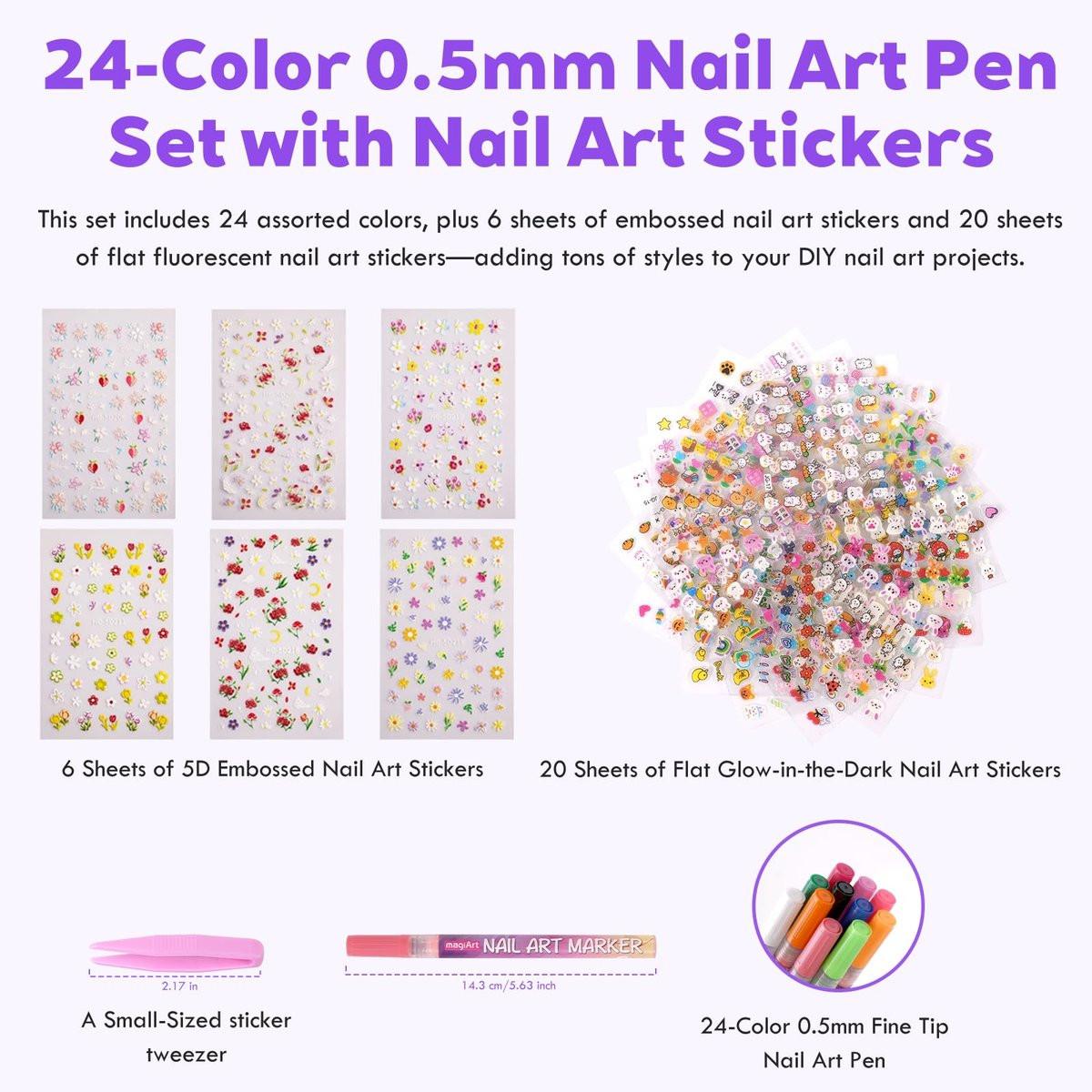 24 Farben Nagelkunst-Stifte Set, 0,5 mm Feinspitze Nagelmalstifte, ungiftig, schnell trocknend, wasserfest, für DIY Nageldesign, Grußkarten, Basteln, langanhaltend, hohe Deckkraft