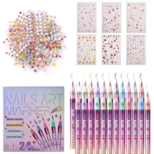 24 Farben Nagelkunst-Stifte Set, 0,5 mm Feinspitze Nagelmalstifte, ungiftig, schnell trocknend, wasserfest, für DIY Nageldesign, Grußkarten, Basteln, langanhaltend, hohe Deckkraft