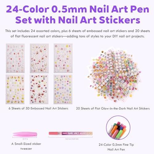 24 Farben Nagelkunst-Stifte Set, 0,5 mm Feinspitze Nagelmalstifte, ungiftig, schnell trocknend, wasserfest, für DIY Nageldesign, Grußkarten, Basteln, langanhaltend, hohe Deckkraft