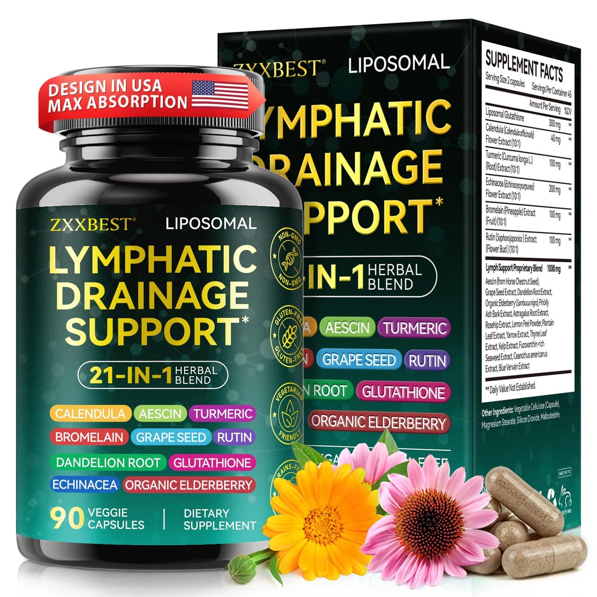Lymphdrainage-Kapseln – 21-in-1 Wellness-Komplex mit Kurkuma, Bromelain, Echinacea & mehr – Unterstützung für das Lymphsystem (90 Kapseln)