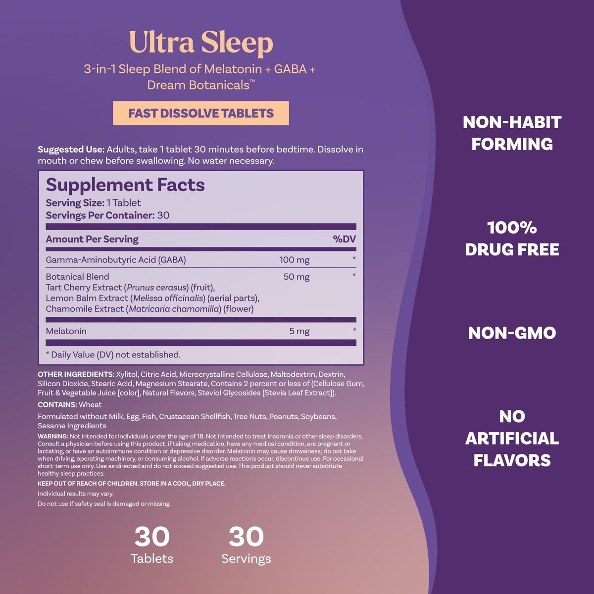Natrol Ultra Sleep 3-in-1 – 100% Arzneimittelfreies Schlafmittel mit Melatonin, GABA & Kräutern, Nahrungsergänzungsmittel, Nicht gewohnheitsbildend, 30 schnell lösliche Tabletten