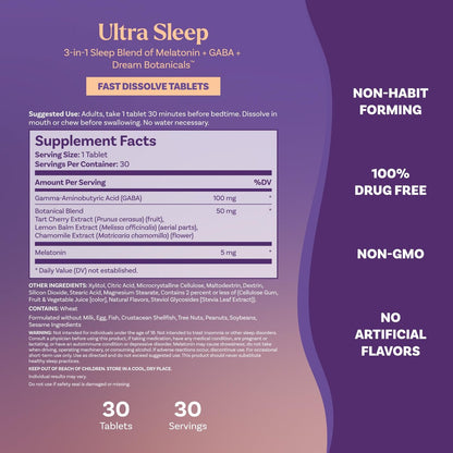 Natrol Ultra Sleep 3-in-1 – 100% Arzneimittelfreies Schlafmittel mit Melatonin, GABA & Kräutern, Nahrungsergänzungsmittel, Nicht gewohnheitsbildend, 30 schnell lösliche Tabletten