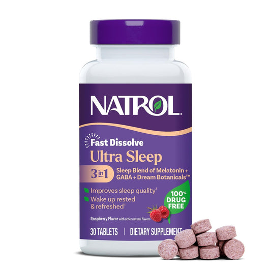 Natrol Ultra Sleep 3-in-1 – 100% Arzneimittelfreies Schlafmittel mit Melatonin, GABA & Kräutern, Nahrungsergänzungsmittel, Nicht gewohnheitsbildend, 30 schnell lösliche Tabletten