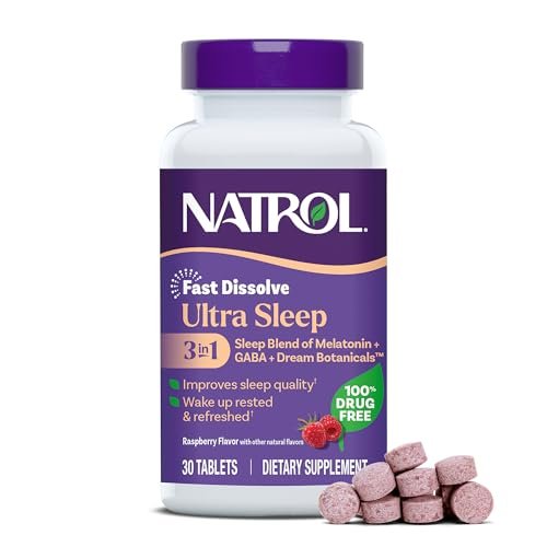 Natrol Ultra Sleep 3-in-1 – 100% Arzneimittelfreies Schlafmittel mit Melatonin, GABA & Kräutern, Nahrungsergänzungsmittel, Nicht gewohnheitsbildend, 30 schnell lösliche Tabletten