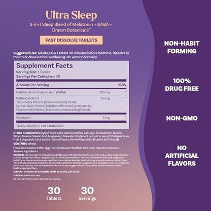 Natrol Ultra Sleep 3-in-1 – 100% Arzneimittelfreies Schlafmittel mit Melatonin, GABA & Kräutern, Nahrungsergänzungsmittel, Nicht gewohnheitsbildend, 30 schnell lösliche Tabletten