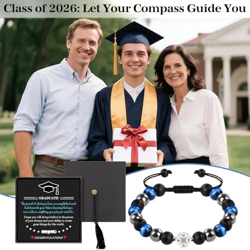 2026 Abschlussgeschenk mit Kappe-Box – Klass of 2026 Dekoration – Verstellbares Natursteinarmband für High School College Absolventen – Inspirierendes Geschenk für Jungen, Söhne, Freunde, Mitschüler