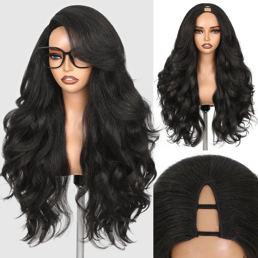 WIGNEE Yaki Curly V Part Wig 26 Zoll – Synthetische Half Wig mit Flip Curls für Damen, Natürliches Schwarz