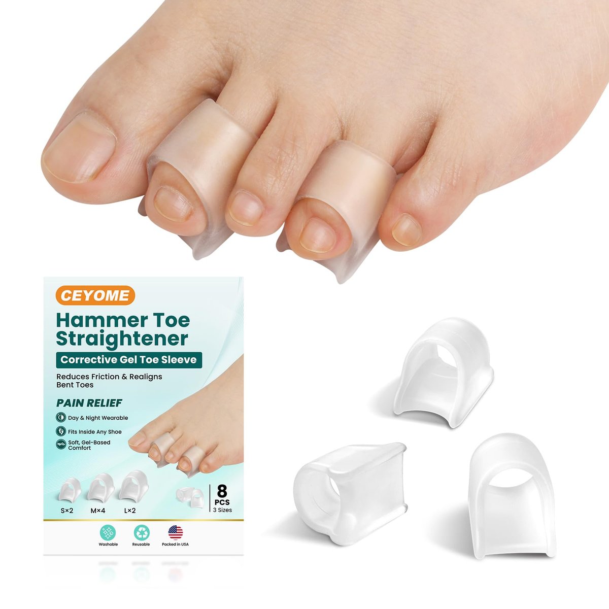 CEYOME Hammerzehen-Straightener für Damen und Herren – 8er-Pack Zehenschienen für gekrümmte, gekrümmte und gekrümmte Zehen – Gel-Zehenkorrektor unterstützt die Ausrichtung beim Gehen, Stehen und Laufen – 3 Größen (S/M/L)