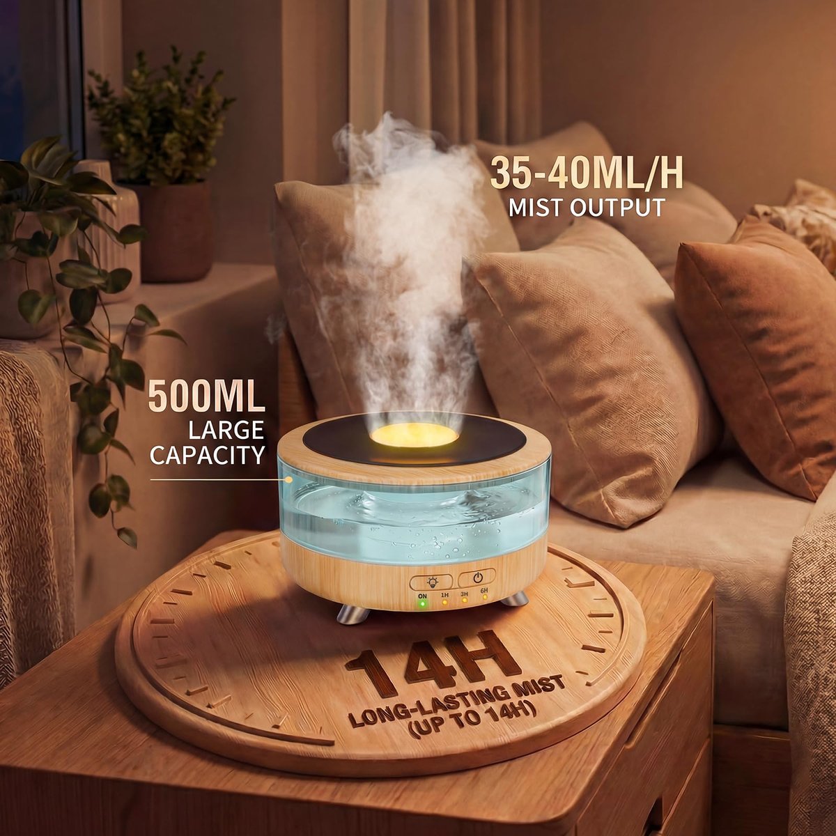 Aroma-Diffusor für Zuhause, 500 ml Ultraschall-Diffusor für ätherische Öle, Büro, Yoga, mit Auto-Abschaltung, 9 Farben LED-Nachtlicht, Holzoptik