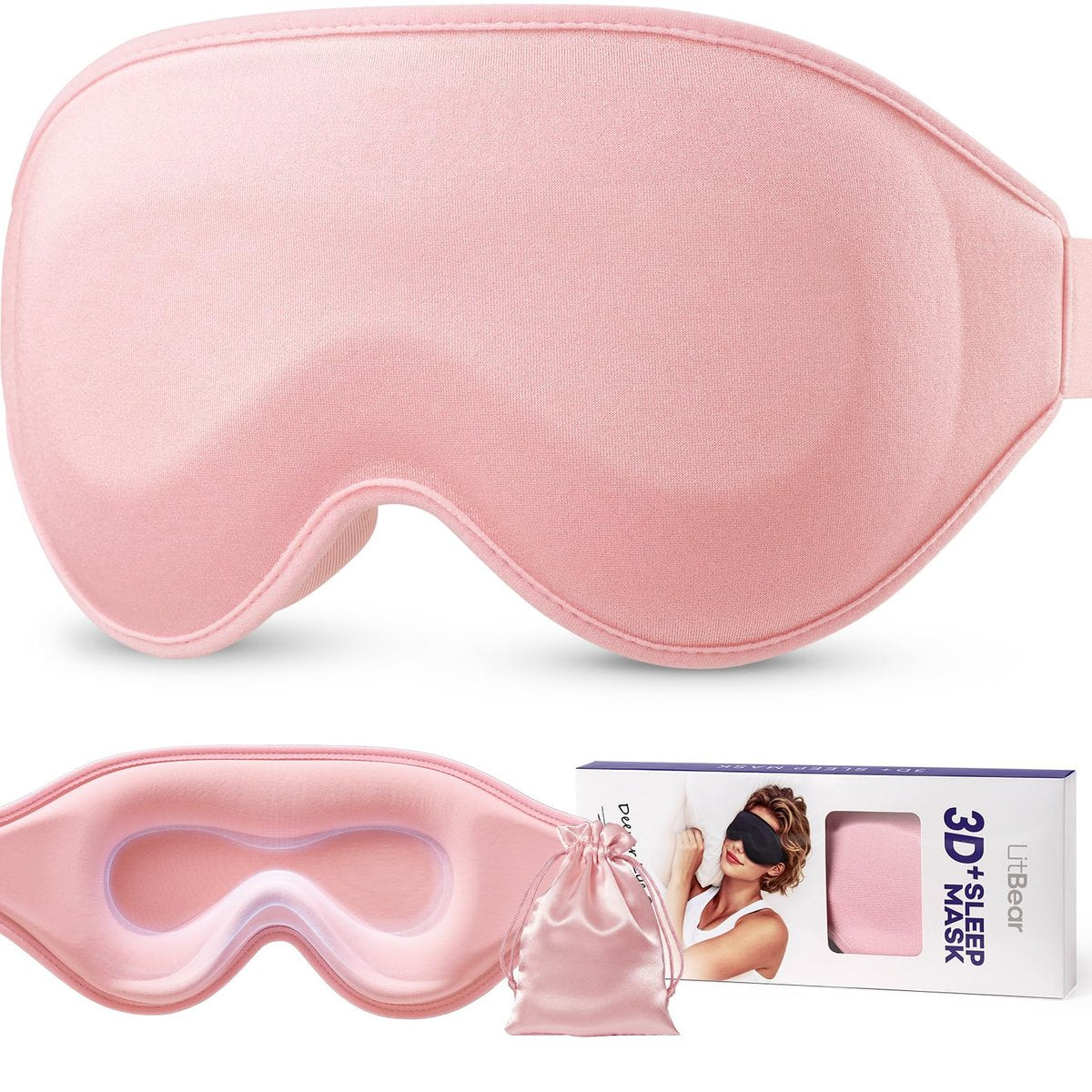 LitBear Lange Wimpern Schlafmaske für Frauen und Männer – 3D konturierte lichtblockierende Schlafmaske, weich und bequem, mit verstellbarem Riemen und Aufbewahrungstasche, Rosa